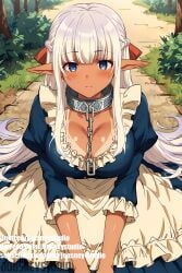 ai-created apron bangs between_breasts blue_dress blue_eyes blunt_bangs blush braid breasts chain_leash chains cleavage closed_mouth clothing collar dark-skinned_female dark_elf dark_skin day dress elf female female french_braid frills hair_ribbon jousneystudio large_breasts leash long_hair long_sleeves looking_at_viewer maid maou_no_ore_ga_dorei_elf_wo_yome_ni_shitanda_ga_dou_medereba_ii mole_on_breast nephelia original outdoors pointed_ears puffy_sleeves sitting solo tanlines very_long_hair white_apron white_hair