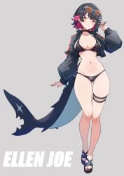 1girls 2024 alternate_costume bikini black_hair breasts choker cleavage ellen_joe english_text female female_only highres jacket kamidan large_breasts light-skinned_female light_skin looking_at_viewer nail_polish navel red_eyes red_hair sandals shark shark_girl shark_tail short_hair solo sunglasses sunglasses_on_head swimsuit text wide_hips zenless_zone_zero