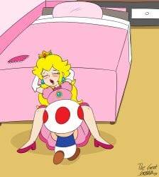 1boy 1boy1girl 1girls bedroom blush dress heels mario_(series) nintendo oral oral_sex panties panties_on_bed panties_removed pleasure_face pleasured princess_peach sex super_mario_bros. thegreatgreninja toad_(mario) video_games