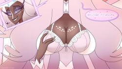 1girls 1milf angel big_breasts big_hair biting_lip breasts_focus cleavage dark-skinned_female dark_skin english english_text female grey_eyes hazbin_hotel huge_breasts large_hair lewdwhorse long_eyelashes long_hair milf sera_(hazbin_hotel) solo solo_female speech_bubble twitter_link white_clothing white_hair white_nails