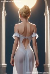 ai_generated aidreamcrush back_view butt dome female female_focus gold_hair hot panties sunlight tagme white_clothing white_pillar white_underwear