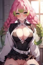 ai_generated big_breasts blush demon_slayer exposed_pussy eye_contact green_eyes green_hair hot huge_breasts kanroji_mitsuri kimetsu_no_yaiba long_hair pink_hair pov_eye_contact pussy sfw skirt_lift