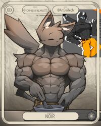 2024 abs anthro artdeitech artist barazoku biceps big_muscles biped black_body black_fur cooking domestic_cat felid feline felis fur hi_res looking_away male mammal muscular muscular_anthro muscular_male pecs shirtless_anthro shirtless_male solo