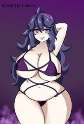 @_@ ahoge artist_name bikini chubby chubby_female female female_only gigantic_breasts hand_behind_head hex_maniac huge_breasts knotclown knotclown_99 messy_hair navel nipple_bulge one_arm_up pokemon pokemon_xy purple_bikini purple_eyes purple_hair purple_headband referenced smile solo solo_female thick_thighs ytrall