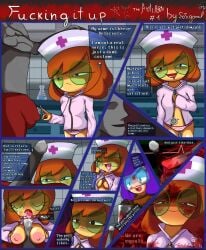 anon asian_female axe blood blood_stain breasts breasts_out brown_hair cherie_(sosigonal) comic cum cum_in_mouth cum_on_face edgy evil_grin glasses gore implied_oral jasmine_(sosigonal) midget nurse_uniform purple_hair satire sosigonal text_box