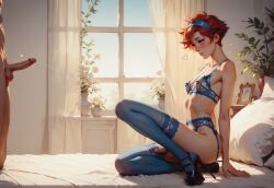 1futa ai_generated anticipation artist_name dick dickgirl futanari high_heels larsmu lingerie male_on_futa penis red_hair stockings