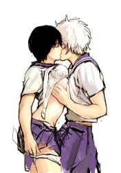 19csupervillain 2girls alternate_costume black_hair bra bra_lift breast_grab breasts_out closed_eyes colored_sketch female female_only genderswap_(mtf) gintama gintoki_sakata kissing profile rule_63 school_uniform schoolgirl serafuku short_hair side_view sketch takasugi_shinsuke underwear_down white_bra white_hair yuri