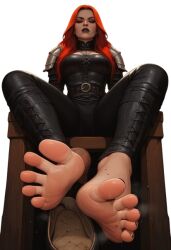 1girls ai_generated barefoot female foot_fetish foot_focus footwear game_cg leather leather_clothing looking_at_viewer low-angle_view red_hair sitting skin_tight skinsuit smell smelly smelly_feet soles starflint_descent submissive_pov sweat sweaty_feet threadweaver