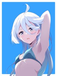 1girls absurd_res absurdres ahoge antenna_hair arm_above_head arm_behind_head arm_up armpits bare_armpits bare_arms bare_belly bare_chest bare_midriff bare_skin bare_torso belly blue_background blush blush blush_lines blushing_female borgbutler breasts cleavage dot_nose elbows eyebrows_visible_through_hair female female_focus female_only flat_belly flat_chest flat_chested grey_eyes gundam gundam_suisei_no_majo hair_between_eyes half_naked hand_above_head hand_behind_head hand_up high_resolution highres light-skinned_female light_skin long_hair looking_at_viewer miorine_rembran naked naked_female nude nude_female open_mouth parted_lips petite petite_body petite_breasts petite_female petite_girl shoulders sideboob silver_eyes simple_background skinny skinny_female skinny_girl skinny_waist slender_body slender_waist slim_girl slim_waist small_breasts solo standing thin_waist tongue underboob upper_body white_border white_eyebrows white_hair white_hair_female