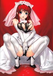 blue_eyes blush bride_gown crouch cum cum_in_pussy cum_on_face dress hakua_ugetsu nipples panties red_hair torn_clothes veil wedding_dress