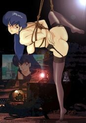 1girls artist_request ass blue_eyes blue_hair blush bondage breasts curvaceous female garter_belt garter_straps human kyoko_otonashi large_breasts leg_lift light-skinned_female light_skin long_hair looking_at_viewer maison_ikkoku nipples nude pantyhose rope solo suspension tagme thighhighs