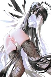 alternate_hairstyle anus arknights ass black_gloves black_hair black_halo black_thighhighs black_wings blush bottomless censored commentary_request detached_wings elbow_gloves energy_wings excessive_pussy_juice female fishnet_thighhighs fishnets from_behind from_below gloves grey_eyes halo highres iumu long_hair looking_at_viewer looking_back mixed-language_commentary mole mole_under_eye mosaic_censoring peeing ponytail puffy_short_sleeves puffy_sleeves pussy pussy_juice short_sleeves simple_background skindentation solo thick_thighs thighhighs thighs urination urine_stream very_long_hair virtuosa_(arknights) white_background wings