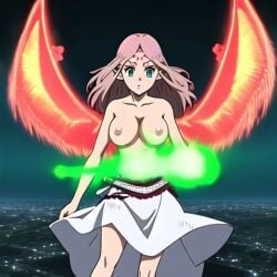 ai_generated black_clover fana_(black_clover) fana_(elf)_(black_clover) green_eyes huge_breasts magic pink_hair red_ribbon shirtless_female topless_female