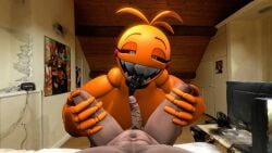 3d 3d_(artwork) ahe_gao bedroom big_breasts bigger_female blowjob chica_(fnaf) five_nights_at_freddy's five_nights_at_freddy's_2 human inminent_sex looking_at_viewer metal_tongue tongue_out tongue_out_blowjob toy_chica_(cyanu) toy_chica_(fnaf)