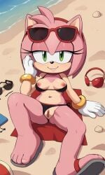 1female 1girl 1girls ai_generated amy_rose anthro beach beach_background bikini bikini_aside boobs breasts female green_eyes hedgehog hedgehog_girl looking_at_viewer mobian_(species) nipples open_legs pink_fur pink_hair pixai pussy rodent sand sillysailor smile sonic_(series) thong tits