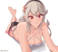 1girls alternate_costume ass big_ass bikini cleavage corrin_(fire_emblem) corrin_(fire_emblem)_(female) daymandraws fire_emblem fire_emblem_cipher fire_emblem_fates grey_hair hairband lying medium_breasts nintendo official_alternate_costume on_stomach red_eyes shell_bikini swimsuit