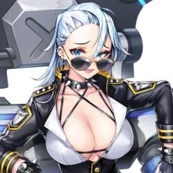 big_breasts black_uniform blue_eyes bumcha cleavage color ear_piercing earrings female female_focus female_only fingerless_gloves forehead game_cg gloves hair_between_eyes hoop_earrings last_origin leather_bracelet looking_at_viewer medium_hair military_uniform open_clothes open_mouth smile smiling smiling_at_viewer sonia_(last_origin) spiked_bracelet spiked_collar spikes sunglasses transparent_background uniform white_hair