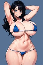 1girls ai_generated areola_slip areolae armpits arms_behind_head arms_up bikini black_hair blue_background blue_bikini blue_eyes breasts covered_nipples curvy huge_breasts long_hair looking_at_viewer megazard navel shiny shiny_skin simple_background skindentation smile solo swimsuit tagme thick_thighs thighs uncensored