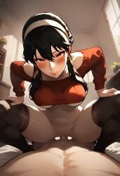 ai_generated artist_name black_hair blush brasao cowgirl_position faceless_male hairband hands_on_thighs looking_at_viewer milf patreon pov red_eyes sex shy spy_x_family sweater thighhighs underboob vaginal_penetration vaginal_sex yor_briar yor_forger