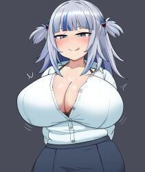 1girls alternate_breast_size blue_eyes blue_hair breasts button_down_shirt cleavage clothed clothing female gawr_gura hololive hololive_english hololive_myth huge_breasts licking_lips light-skinned_female multicolored_hair naughty_face office_lady sharp_teeth smile t_opete virtual_youtuber white_shirt