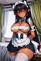1girls ai_generated animal_ear_fluff animal_ears apron black_hair blush breasts cleavage curtains dark-skinned_female dark_skin indoors jewelry kinky_karma_vr large_breasts long_hair looking_at_viewer maid maid_apron maid_headdress megazard multicolored_hair pointy_ears red_hair smile solo streaked_hair tagme thick_thighs thighhighs thighs uncensored underboob waist_apron white_apron white_legwear