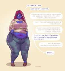 belly_inflation big_breasts blueberry_inflation breasts cleavage female glasses huge_breasts inflation redhead stained_clothes tagme thick_thighs vanillaru wide_hips