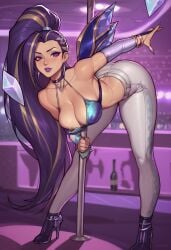 ai_generated bent_over big_breasts high_heel_boots high_heels k/da_all_out_kai'sa k/da_all_out_series k/da_series kai'sa league_of_legends looking_at_viewer nipple_slip pole_dancing ponytail rokc123 slim_waist stripper stripper_pole tight_clothing