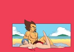 1boy 1girls ass beach beach_towel big_ass big_breasts bikini bikini_bottom bikini_top_removed blue_eyes blue_hair breasts bulge bulma_briefs cock_bulge dilf dragon_ball dragon_ball_super dragon_ball_z funsexydragonball goatee hourglass_figure king_vegeta milf muscular muscular_male page_18 part_1 sideboob speedo tail tanline voluptuous voluptuous_female