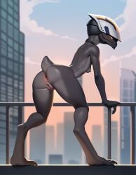 ai_generated anus biped butthole city_background female full_body halo_(game) halo_(series) helmet hi_res highres imminent_rape imminent_sex looking_at_viewer looking_back orange_eyes pussy sangheili side_view small_ass small_breasts spreading_ass standing tagme