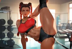 1girls ai_generated apex_legends big_ass big_breasts big_butt big_nipples big_thighs blush dark-skinned_female female gym huge_ass huge_breasts huge_butt huge_nipples huge_thighs loba loba_(apex_legends) multicolored_hair muscular red_eyes sports_bra sportswear standing_on_one_leg standing_split wanuze wide_hips