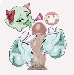 absurd_res anus big_anus big_penis big_vulva boo_(mario) bow_ribbon cuff_links eggcat69 erection fake_cat_ears fake_ears fake_rabbit_ears fangs female folding_fan genitals ghost green_body group hi_res lady_bow lahla_(mario) looking_at_viewer looking_back male male/female mario_bros nintendo not_furry open_mouth paper_mario peeka_(mario) penis pubes sibling_(lore) sister_(lore) sisters_(lore) spirit teeth tongue tongue_out twins_(lore) vulva