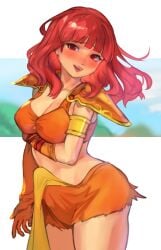 1futa 1girls absurdres alternate_costume arm_under_breasts armlet armor bangs bare_midriff bare_thighs booty_shorts breasts bulge bulge_through_clothing celica_(fire_emblem) cleavage crop_top cutoffs erection erection_under_clothes female female_only fire_emblem fire_emblem_echoes:_shadows_of_valentia fire_emblem_gaiden futanari gloves highres hotpants jewelry large_breasts loincloth long_hair looking_at_viewer medium_breasts midriff nintendo official_alternate_costume orange_shorts r123 red_eyes red_hair short_shorts shorts shoulder_armor smile solo tenting thighs