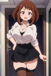 ai_generated aindroidparanoid big_breasts blush boku_no_hero_academia brobrown_hair brown_eyes huge_ass huge_breasts large_ass large_breasts my_hero_academia narrow_waist ochako_uraraka office_lady official_alternate_costume shirt short_hair skirt stable_diffusion wide_hips