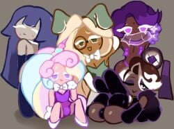 5boys adorable affogato_cookie arms_up bowtie bunny_ears bunnysuit closed_eyes cookie_run cookie_run_kingdom cream_unicorn_cookie cute cute_male eclair_cookie femboy legs_up lilac_cookie male_only nipple_tassels prune_juice_cookie stockings sweat toony unicorn_horn wink