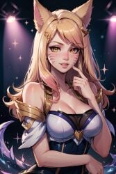 1girls ahri ai_generated animal_ears bangs bare_shoulders blonde_hair blush breasts cleavage facial_mark fox_ears fox_tail glint hair_ornament idol jewelry k/da_ahri k/da_series large_breasts league_of_legends lens_flare lips long_hair looking_at_viewer megazard smile solo sparkle sparkle_background stage_lights tagme tail uncensored upper_body whisker_markings yellow_eyes