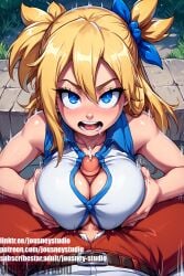 1boy ai-created ai_generated bare_shoulders between_breasts blonde_hair blue_eyes blue_ribbon blush breast_grab breast_press breasts breasts_squeezed_together button_gap cleavage cleavage_cutout clothing ejaculation english_text fairy_tail female groping hair_between_eyes hair_ribbon huge_breasts jousneystudio large_breasts long_hair looking_at_viewer lucy_heartfilia male male_pubic_hair open_mouth outdoors paizuri paizuri_under_clothes pants penis ponytail pov precum ribbon saliva semen shirt sleeveless smile solo_focus straight teeth text tied_hair two_side_up uncensored