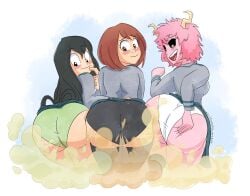 3girls ashido_mina ass ass_focus asui_tsuyu big_ass black_panties blush blushing boku_no_hero_academia cloudfountain fart fart_cloud fart_fetish farting farting_together female_only fully_clothed green_panties having_fun holding_ass huge_ass leaning_forward mina_ashido my_hero_academia ochako_uraraka panties pose skirt skirt_lift skirt_up smile smiling take_your_pick thighhighs tsuyu_asui uraraka_ochako white_panties