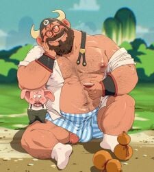 balls beard body_hair bulge chuchugelee clothing dragon_ball dragon_ball_z facial_hair flaccid glasses male male_only oolong open_clothes ox_king penis pig sitting sus_(pig) underwear