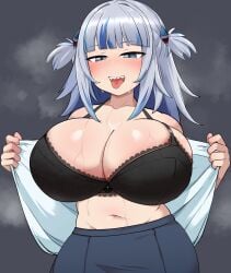 1girls alternate_breast_size black_bra blue_eyes blue_hair bra breasts button_down_shirt clothed clothing female gawr_gura hololive hololive_english hololive_myth huge_breasts light-skinned_female multicolored_hair naughty_face office_lady open_mouth open_shirt sharp_teeth smile sweat sweating t_opete tongue tongue_out virtual_youtuber white_shirt