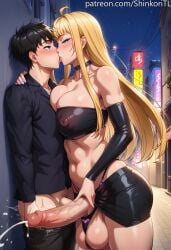 1boy 1futa 1futanari ai_generated areola areolae balls_in_bikini big_ass big_balls big_breasts big_butt big_nipples big_penis blonde_hair blue_eyes bracelet breasts choker cum cum_trail cumming dosanko_gal_wa_namara_menkoi ejaculation futa_on_male futadom futanari futanari hair huge_balls huge_breasts huge_cock huge_cock huge_nipples hugging jewelry kissing large_breasts large_penis long_hair massive_breasts masturbating masturbation minami_fuyuki miniskirt motion_lines navel nipple_bulge nipples penis puffy_nipples shinkoritl sidelocks skindentation skirt smile standing street string_panties thick_thighs toned tube_top tubetop veiny_penis wide_hips