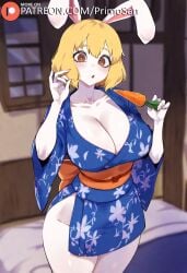 ai_generated bedroom blonde_hair brown_eyes bunny_ears carrot_(one_piece) japanese_clothes large_breasts looking_at_viewer night primosan short_hair standing white_skin