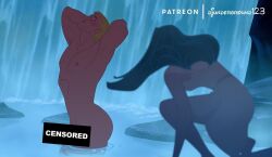 caught_off_guard censored censored_penis john_smith male_focus pocahontas pocahontas_(character) skinny_dipping taking_a_bath waterfall