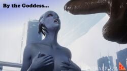 1boy 1girls 3d big_balls big_penis blue_skin dark-skinned_male dialogue female generalpizza liara_t'soni mass_effect nude nude_female penis