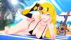 1girls beach beach_towel bikini bikini_top blonde_female blonde_hair dramatic_love ponytail purple_eyes robotic_arm rwby solo_female sunglasses sunglasses_on_head winking winking_at_viewer yang_xiao_long