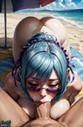 1boy 1girls ai_generated all_fours ass_up beach big_breasts blowjob blue_hair breasts closed_eyes completely_nude completely_nude_female exhibitionism fellatio female_focus hair_ribbon kurono_kurumu looking_over_eyewear looking_over_sunglasses nipples purple-tinted_eyewear rosario+vampire runny_makeup short_hair succubus sunglasses tinted_eyewear zombieidolai