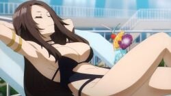 2d anime_screencap armpits arms_behind_head arms_up breasts closed_eyes female kage_no_jitsuryokusha_ni_naritakute! large_breasts laying_on_bench nu_(the_eminence_in_shadow) official_art one-piece_swimsuit relaxed relaxing screencap sitting_on_chair swimsuit the_eminence_in_shadow