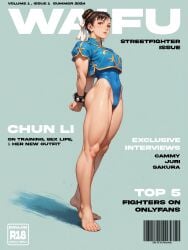 adapted_costume ai-created ai_generated arms_behind_back artist_name bangs barcode bare_legs barefoot blue_leotard bracelet breasts brown_eyes brown_hair bun_cover character_name china_dress chinese_clothes chun-li clothing copyright_name cover cover_page covered_navel crop_top double_bun dress earrings english_language english_text fake_cover feet female female full_body hair_bun hair_ornament high_resolution highleg highleg_leotard jewelry legs leotard leotard_under_clothes lips looking_at_viewer magazine_(source) magazine_cover makeup medium_breasts muscle muscular_female navel parted_lips puffy_short_sleeves puffy_sleeves qr_code short_hair short_sleeves solo spiked_bracelet spikes standing street_fighter street_fighter_6 text thighs tied_hair toes xsfmworks