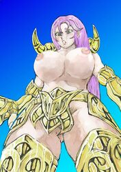 1girls areola aries_mu armor breasts busty female gold gold_saints human large_breasts long_hair nipples no_bra pussy rule_63 saint_seiya shounen_jump solo topless voluptuous