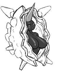 1girls breasts cloyster exposed_breasts female female_only greyscale horn monochrome nintendo pokemon shell solo white_background