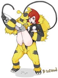 1boy 1girls 2012 b-intend blush boots cowgirl_position cum electivire female female_human femsub furry high_heel_boots human interspecies legs_up male male/female male_pokemon male_pokemon/female_human maledom mars_(pokemon) nintendo pokemon pokemon_dppt pokephilia red_eyes red_hair simple_background straight sweat team_galactic wires